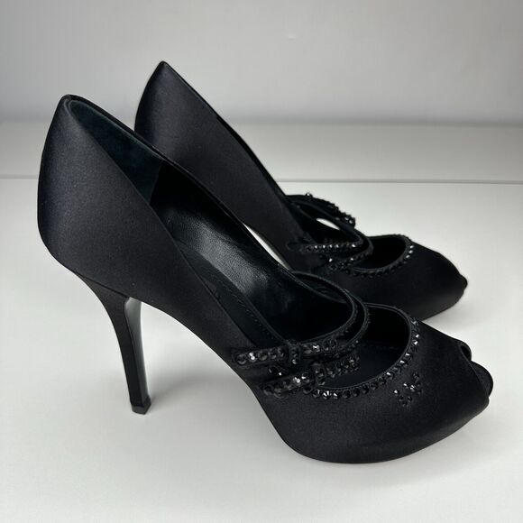 Louis Vuitton Vintage Black Satin Open Toe Crystal Strap Embellished Pumps 37.5 - Picture 9 of 13